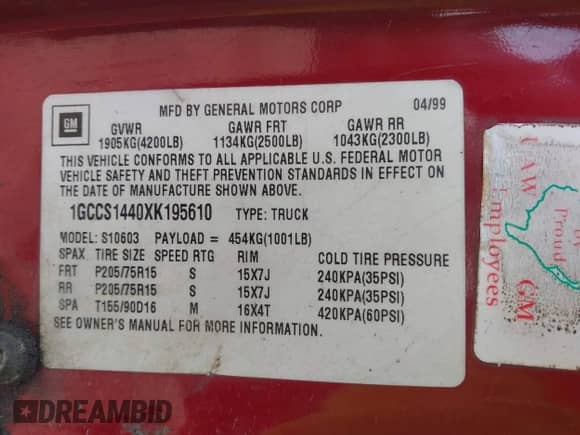 1999 Chevrolet S-10 with VIN 1GCCS1440XK195610, listed as a IAAI auction lot 42920243 with 187,944 mi miles and . Bid and sale history available at DreamBid. Image 9.