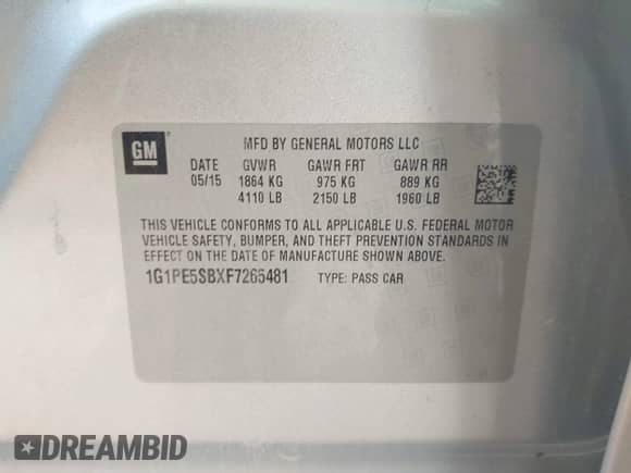 2015 Chevrolet Cruze LT с VIN 1G1PE5SBXF7265481, выставлен на аукционе IAAI как лот 43202598 с пробегом 179 194 миль миль и . История ставок и продаж доступна на DreamBid. Изображение 9.