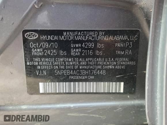 2011 Hyundai Sonata GLS с VIN 5NPEB4AC3BH176448, выставлен на аукционе Copart как лот 86835495 с пробегом Не указан миль и На запчасти • Non repairable. История ставок и продаж доступна на DreamBid. Изображение 13.