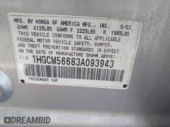2003 Honda Accord EX with VIN 1HGCM56683A093943, listed as a IAAI auction lot 43213481 with 104,479 mi miles and . Bid and sale history available at DreamBid. Image 9.
