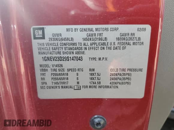 2009 Chevrolet Traverse 1LT z VIN 1GNEV23D29S147043, wystawiony jako Copart lot #81402425 z przebiegiem 166 607 mil mil oraz Szkoda całkowita • Salvage title. Historia ofert i sprzedaży dostępna na DreamBid. Obrazek 13.