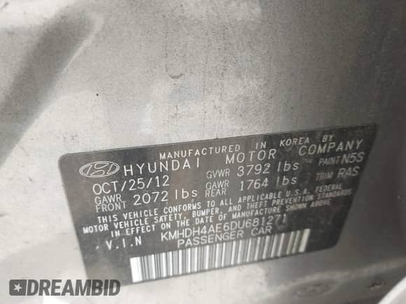 2013 Hyundai Elantra GLS with VIN KMHDH4AE6DU681271, listed as a IAAI auction lot 43172094 with Not provided miles and . Bid and sale history available at DreamBid. Image 9.