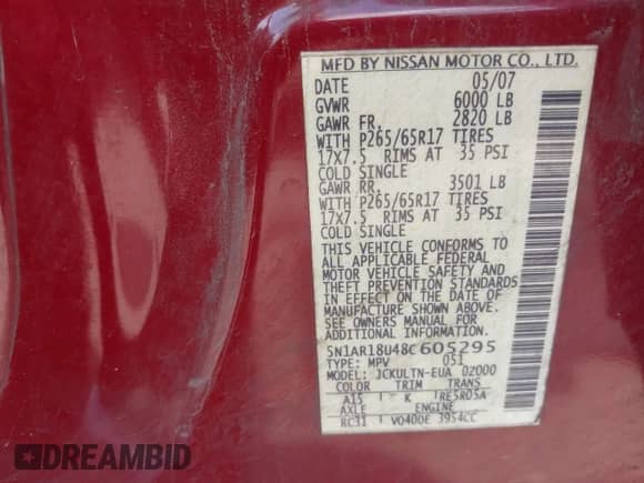 2008 Nissan Pathfinder SE with VIN 5N1AR18U48C605295, listed as a IAAI auction lot 43052597 with 254,359 mi miles and . Bid and sale history available at DreamBid. Image 9.