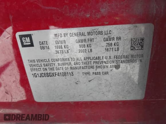2015 Chevrolet Sonic LT with VIN 1G1JC6SGXF4108113, listed as a IAAI auction lot 42709302 with 82,024 mi miles and . Bid and sale history available at DreamBid. Image 9.