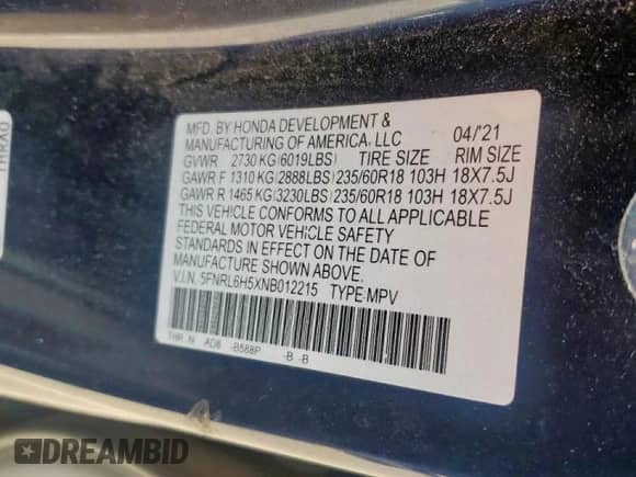 2022 Honda Odyssey EX с VIN 5FNRL6H5XNB012215, выставлен на аукционе Copart как лот 69060685 с пробегом 60 402 миль миль и Списание • Salvage title. История ставок и продаж доступна на DreamBid. Изображение 14.