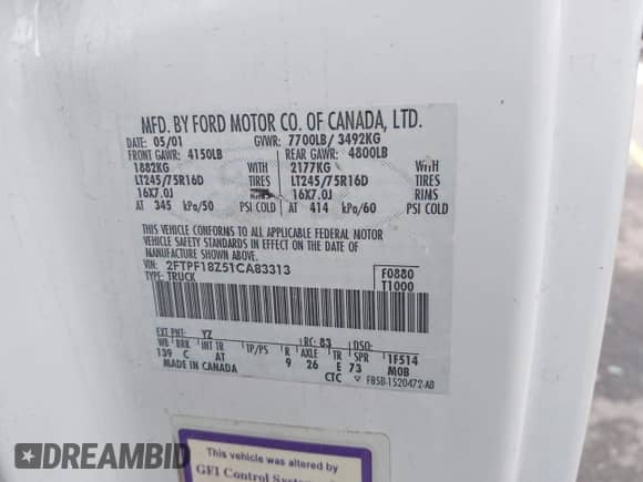 2001 Ford F-150 XL с VIN 2FTPF18Z51CA83313, выставлен на аукционе IAAI как лот 43423303 с пробегом 226 826 миль миль и . История ставок и продаж доступна на DreamBid. Изображение 9.