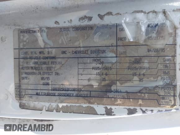 1995 Chevrolet Chevy Van with VIN 1GBEG25K6SF190785, listed as a IAAI auction lot 42862227 with 692,781 mi miles and . Bid and sale history available at DreamBid. Image 9.