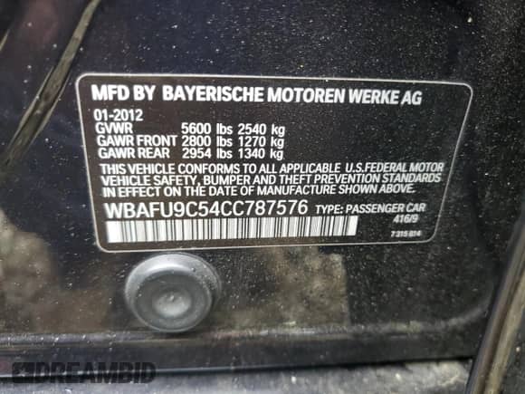 2012 BMW 5 Series 550i xDrive with VIN WBAFU9C54CC787576, listed as a Copart auction lot 55934525 with 157,140 mi miles and Salvage title. Bid and sale history available at DreamBid. Image 12.