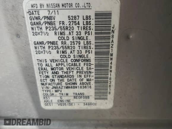 2011 Nissan Murano S z VIN JN8AZ1MW4BW183616, wystawiony jako Copart lot #62693765 z przebiegiem 200 543 mil mil oraz Czysty tytuł • Clean title. Historia ofert i sprzedaży dostępna na DreamBid. Obrazek 13.