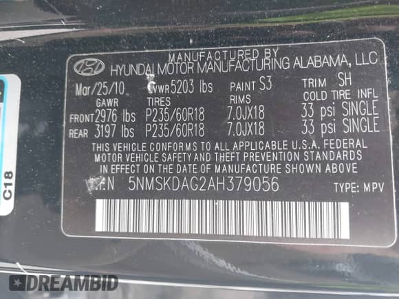 2010 Hyundai Santa Fe Limited with VIN 5NMSKDAG2AH379056, listed as a IAAI auction lot 42284680 with 52,780 mi miles and . Bid and sale history available at DreamBid. Image 9.