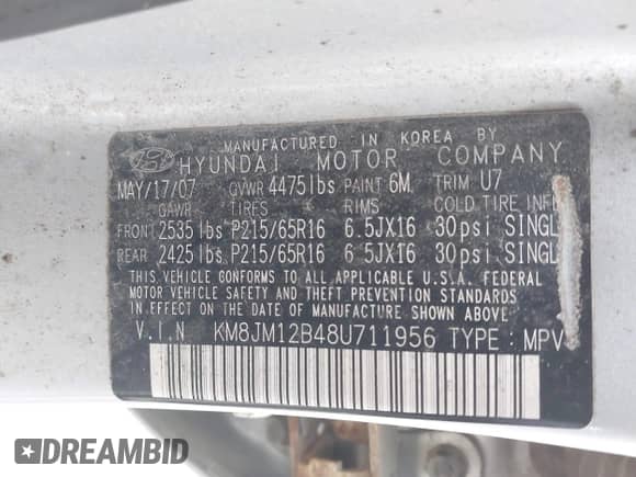 2008 Hyundai Tucson GLS z VIN KM8JM12B48U711956, wystawiony jako IAAI lot #43534119 z przebiegiem 136 794 mil mil oraz . Historia ofert i sprzedaży dostępna na DreamBid. Obrazek 9.