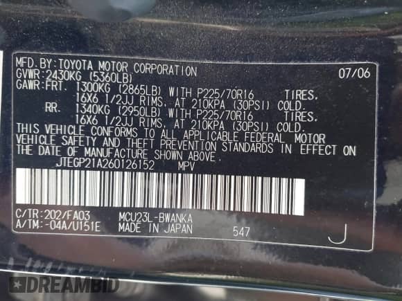 2006 Toyota Highlander with VIN JTEGP21A260126152, listed as a IAAI auction lot 42249609 with 163,819 mi miles and . Bid and sale history available at DreamBid. Image 9.