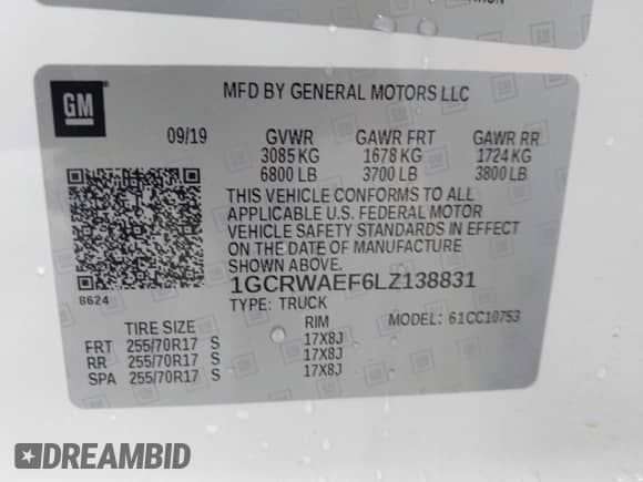 2020 Chevrolet Silverado 1500 Work Truck with VIN 1GCRWAEF6LZ138831, listed as a IAAI auction lot 40260659 with 40,444 mi miles and . Bid and sale history available at DreamBid. Image 9.