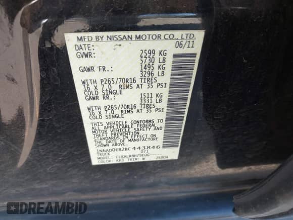 2011 Nissan Frontier SV with VIN 1N6AD0ER2BC443846, listed as a IAAI auction lot 43097669 with 133,687 mi miles and . Bid and sale history available at DreamBid. Image 9.