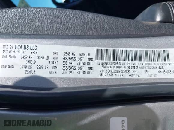 2019 Dodge Durango GT Plus with VIN 1C4RDJDG0KC755837, listed as a IAAI auction lot 43008305 with 124,945 mi miles and . Bid and sale history available at DreamBid. Image 9.