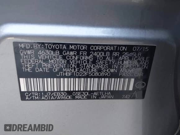 2015 Lexus IS 250 with VIN JTHBF1D22F5080890, listed as a IAAI auction lot 43325386 with 169,201 mi miles and . Bid and sale history available at DreamBid. Image 9.