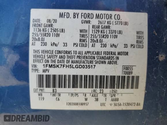 2020 Ford Explorer Limited z VIN 1FMSK7FH5LGD03517, wystawiony jako Copart lot #68581625 z przebiegiem 143 468 mil mil oraz Szkoda całkowita • Salvage title. Historia ofert i sprzedaży dostępna na DreamBid. Obrazek 13.