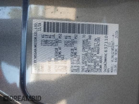 2017 Nissan Pathfinder SL with VIN 5N1DR2MM4HC637110, listed as a IAAI auction lot 43076278 with 99,213 mi miles and . Bid and sale history available at DreamBid. Image 9.