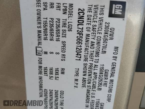2006 Chevrolet Equinox LT с VIN 2CNDL73F566120471, выставлен на аукционе Copart как лот 67652735 с пробегом 167 747 миль миль и Чистый • Clean title. История ставок и продаж доступна на DreamBid. Изображение 13.