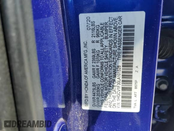 2020 Honda Accord Sport with VIN 1HGCV1F30LA101528, listed as a Copart auction lot 67146215 with 308,886 mi miles and Salvage title. Bid and sale history available at DreamBid. Image 13.