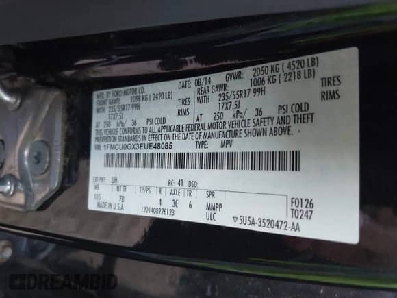 2014 Ford Escape SE with VIN 1FMCU0GX3EUE48085, listed as a IAAI auction lot 43369705 with 159,475 mi miles and . Bid and sale history available at DreamBid. Image 9.