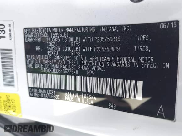 2015 Toyota Sienna SE with VIN 5TDXK3DC6FS627578, listed as a IAAI auction lot 41568684 with 124,138 mi miles and . Bid and sale history available at DreamBid. Image 9.