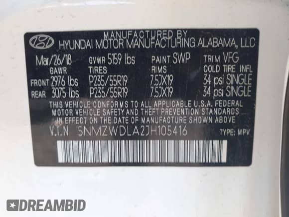 2018 Hyundai Santa Fe Ultimate with VIN 5NMZWDLA2JH105416, listed as a IAAI auction lot 43062661 with 67,574 mi miles and . Bid and sale history available at DreamBid. Image 9.