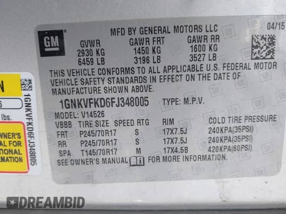 2015 Chevrolet Traverse LS с VIN 1GNKVFKD6FJ348005, выставлен на аукционе IAAI как лот 43418329 с пробегом 72 045 миль миль и . История ставок и продаж доступна на DreamBid. Изображение 9.