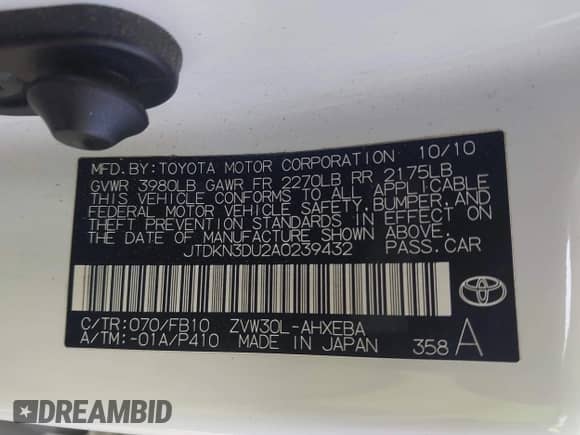 2010 Toyota Prius III with VIN JTDKN3DU2A0239432, listed as a IAAI auction lot 43316580 with 183,029 mi miles and . Bid and sale history available at DreamBid. Image 9.