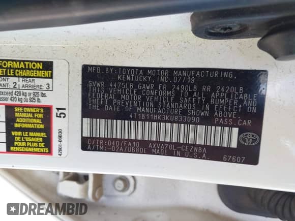 2019 Toyota Camry SE z VIN 4T1B11HK3KU833090, wystawiony jako IAAI lot #43218485 z przebiegiem 78 653 mil mil oraz . Historia ofert i sprzedaży dostępna na DreamBid. Obrazek 9.