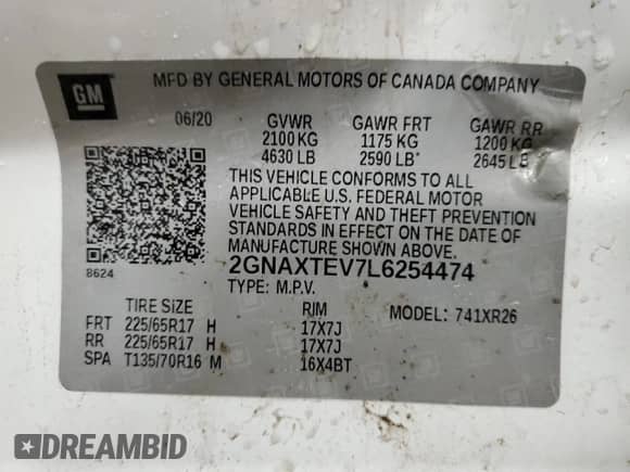 2020 Chevrolet Equinox LT с VIN 2GNAXTEV7L6254474, выставлен на аукционе Copart как лот 59490015 с пробегом 108 610 миль миль и На запчасти • Non repairable. История ставок и продаж доступна на DreamBid. Изображение 14.