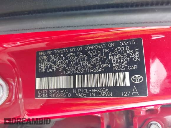 2015 Toyota Prius One z VIN JTDKDTB38F1092645, wystawiony jako IAAI lot #43417883 z przebiegiem 134 048 mil mil oraz . Historia ofert i sprzedaży dostępna na DreamBid. Obrazek 9.