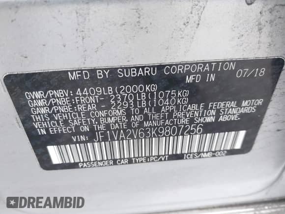 2019 Subaru WRX STI Limited z VIN JF1VA2V63K9807256, wystawiony jako IAAI lot #42390008 z przebiegiem 74 821 mil mil oraz . Historia ofert i sprzedaży dostępna na DreamBid. Obrazek 9.