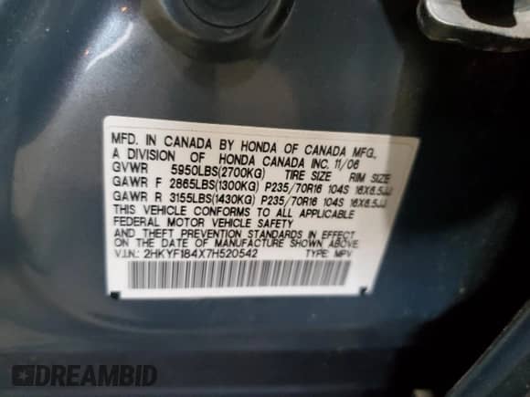 2007 Honda Pilot EX z VIN 2HKYF184X7H520542, wystawiony jako Copart lot #84535735 z przebiegiem 93 936 mil mil oraz Czysty tytuł • Clean title. Historia ofert i sprzedaży dostępna na DreamBid. Obrazek 13.