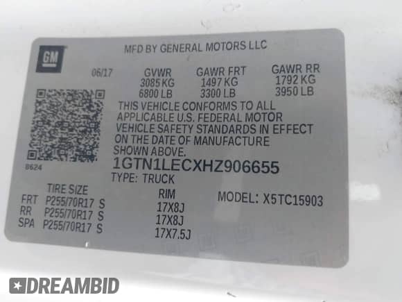 2017 GMC Sierra 1500 with VIN 1GTN1LECXHZ906655, listed as a IAAI auction lot 42888133 with 114,787 mi miles and . Bid and sale history available at DreamBid. Image 9.