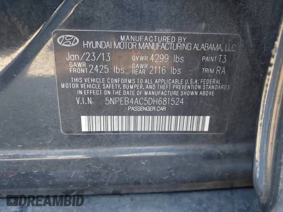 2013 Hyundai Sonata GLS z VIN 5NPEB4AC5DH681524, wystawiony jako IAAI lot #43471314 z przebiegiem 93 396 mil mil oraz . Historia ofert i sprzedaży dostępna na DreamBid. Obrazek 9.