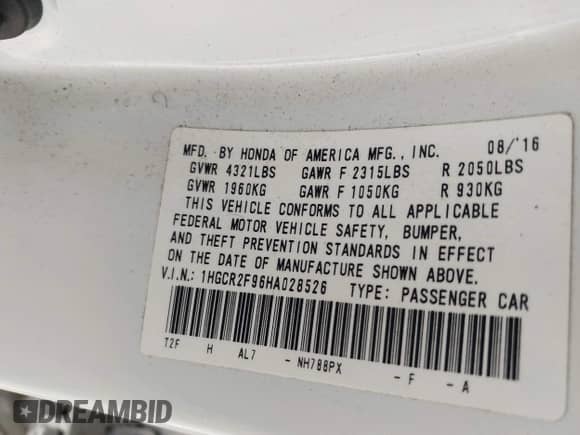 2017 Honda Accord EX-L with VIN 1HGCR2F96HA028526, listed as a IAAI auction lot 43229642 with 127,392 mi miles and . Bid and sale history available at DreamBid. Image 9.