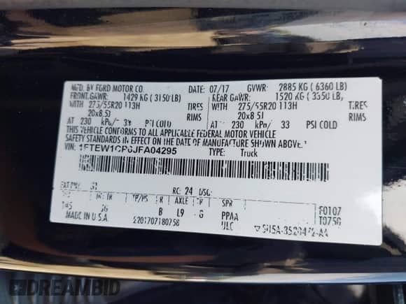 2018 Ford F-150 XL with VIN 1FTEW1CP6JFA04295, listed as a IAAI auction lot 42993400 with 228,306 mi miles and . Bid and sale history available at DreamBid. Image 9.