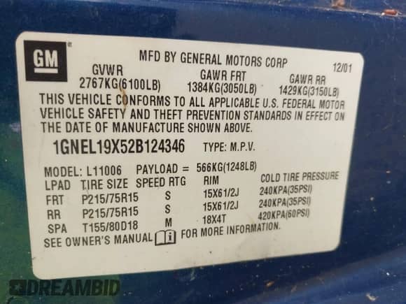 2002 Chevrolet Astro с VIN 1GNEL19X52B124346, выставлен на аукционе IAAI как лот 41432881 с пробегом 121 235 миль миль и . История ставок и продаж доступна на DreamBid. Изображение 9.