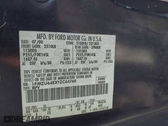 2000 Ford Explorer Eddie Bauer with VIN 1FMZU64EXYZC64768, listed as a IAAI auction lot 41787465 with 204,133 mi miles and . Bid and sale history available at DreamBid. Image 9.
