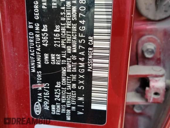 2015 Kia Optima LX with VIN 5XXGM4A75FG470893, listed as a Copart auction lot 60638123 with 170,832 mi miles and Salvage title. Bid and sale history available at DreamBid. Image 13.