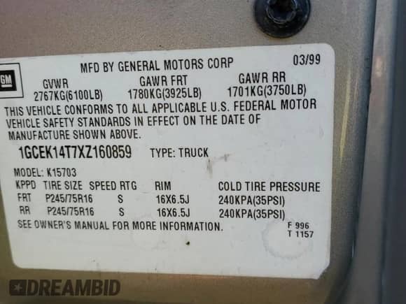 1999 Chevrolet Silverado 1500 LS с VIN 1GCEK14T7XZ160859, выставлен на аукционе Copart как лот 84849844 с пробегом 210 899 миль миль и Списание • Salvage title. История ставок и продаж доступна на DreamBid. Изображение 12.