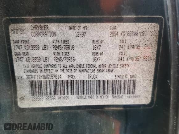 1998 Dodge 1500 с VIN 3B7HF12Y8WG157614, выставлен на аукционе Copart как лот 85993434 с пробегом 217 416 миль миль и Списание • Salvage title. История ставок и продаж доступна на DreamBid. Изображение 13.