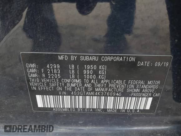 2019 Subaru Impreza Special Sports with VIN 4S3GTAM64K3760945, listed as a IAAI auction lot 42835847 with 69,090 mi miles and . Bid and sale history available at DreamBid. Image 9.