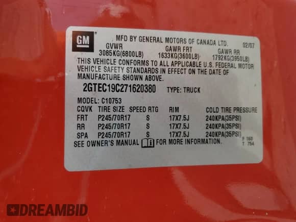 2007 GMC Sierra 1500 SLE1 with VIN 2GTEC19C271620380, listed as a Copart auction lot 60487735 with 209,391 mi miles and Salvage title. Bid and sale history available at DreamBid. Image 12.