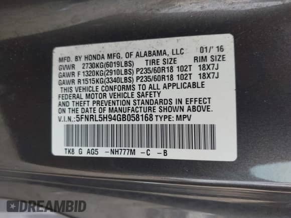 2016 Honda Odyssey Touring Elite с VIN 5FNRL5H94GB058168, выставлен на аукционе IAAI как лот 43302272 с пробегом 233 057 миль миль и . История ставок и продаж доступна на DreamBid. Изображение 9.