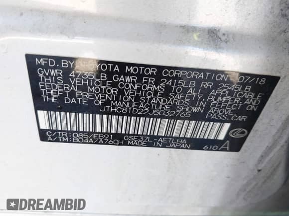 2018 Lexus IS 300 z VIN JTHC81D22J5032765, wystawiony jako IAAI lot #42584241 z przebiegiem 58 862 mil mil oraz . Historia ofert i sprzedaży dostępna na DreamBid. Obrazek 9.