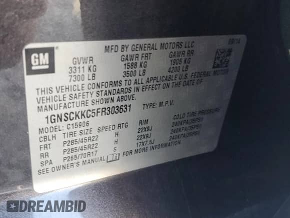 2015 Chevrolet Suburban LTZ with VIN 1GNSCKKC5FR303631, listed as a Copart auction lot 82170305 with 234,598 mi miles and Salvage title. Bid and sale history available at DreamBid. Image 14.