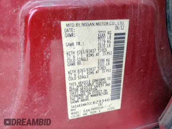 2012 Nissan Pathfinder S с VIN 5N1AR1NN7CC629340, выставлен на аукционе Copart как лот 67748085 с пробегом 171 348 миль миль и Чистый • Clean title. История ставок и продаж доступна на DreamBid. Изображение 13.