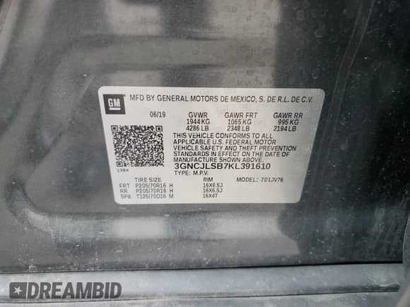 2019 Chevrolet Trax LT с VIN 3GNCJLSB7KL391610, выставлен на аукционе Copart как лот 62160655 с пробегом 62 787 миль миль и Списание • Salvage title. История ставок и продаж доступна на DreamBid. Изображение 12.
